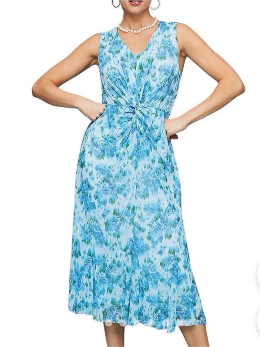Isaac Mizrahi Blue and White Floral Twist-Front Midi Dress